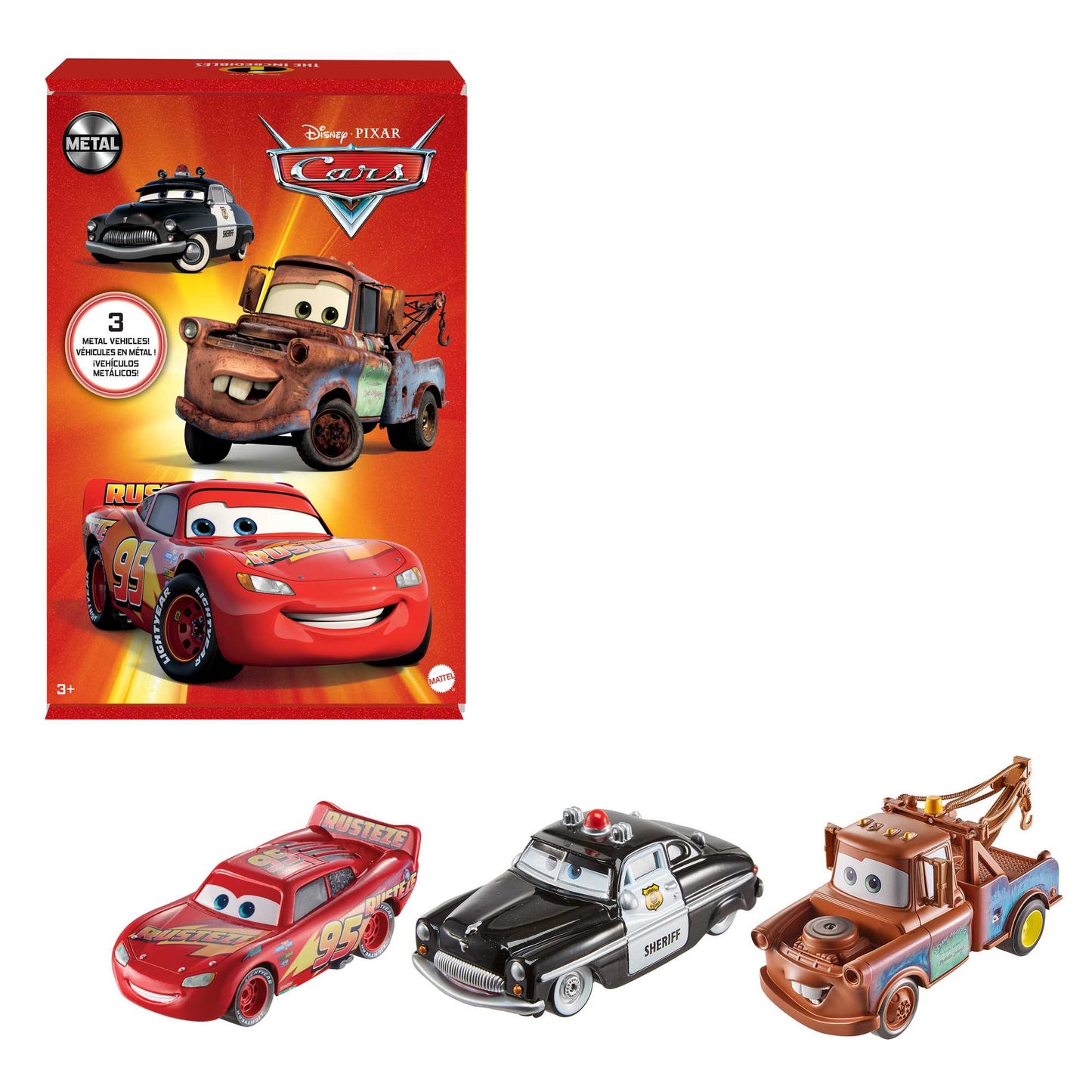 Cars Pack X3 Rayo Mcqueen Mate Y Sheriff Metal Mattel